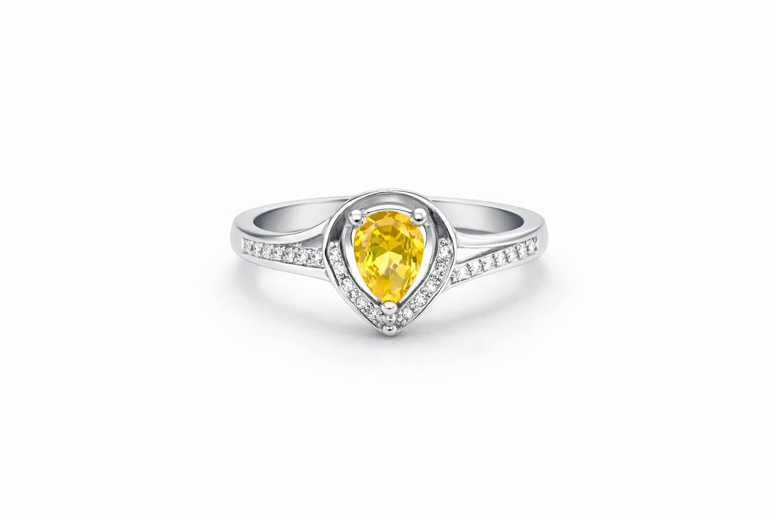 925-silver-yellow-citrine-pear-cut-halo-ring 925 Sterling Silver Women's Ring featuring a Pear Cut Yellow Citrine Centerstone with Zircon Halo and Accents