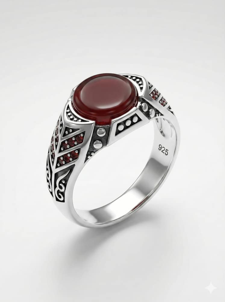 925-silver-red-agate-leaf-design-ring 925 Italian Silver Men's Ring with Round Red Agate and Stylized Leaf Motif