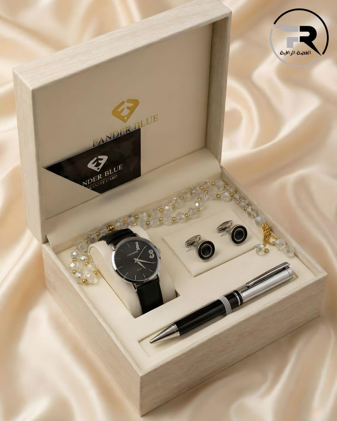 premium-men's-gift-set-with-watch,-pen,-cufflinks-&-crystal-tasbih A premium men's gift set featuring a rose gold chronograph watch with a black leather strap, matching cufflinks, a sleek black and rose gold executive pen, and a black beaded prayer rosary (Misbaha), all presented in a luxury wooden box