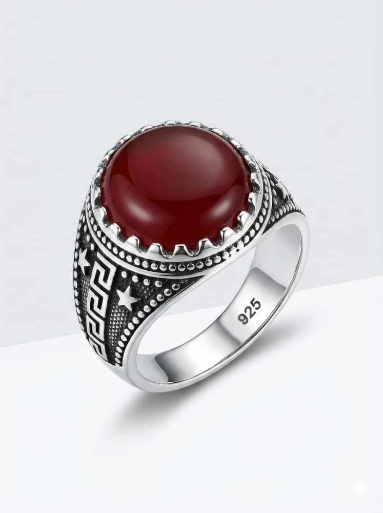 925-silver-red-agate-greek-key-star-ring 925 Italian Silver Men's Ring with Round Red Agate Stone and Star and Greek Key Side Pattern