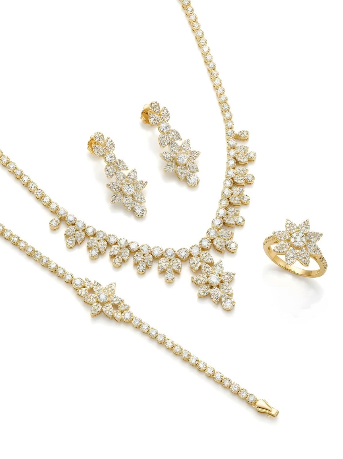 gold-plated-lotus-flower-crystal-jewelry-set-necklace-bracelet-earrings-ring A Stunning Gold Plated Jewelry Set for Women featuring a Necklace, Bracelet, Ring, and Earrings with Intricate Lotus Flower Motifs encrusted with Sparkling White Crystals