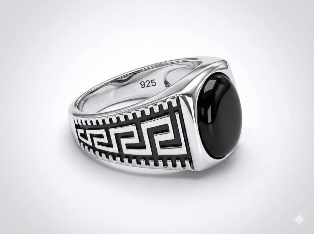 925-silver-greek-key-ring-side-view Side view of 925 Italian Silver Men's Ring with Oval Black Onyx and Greek Key Pattern