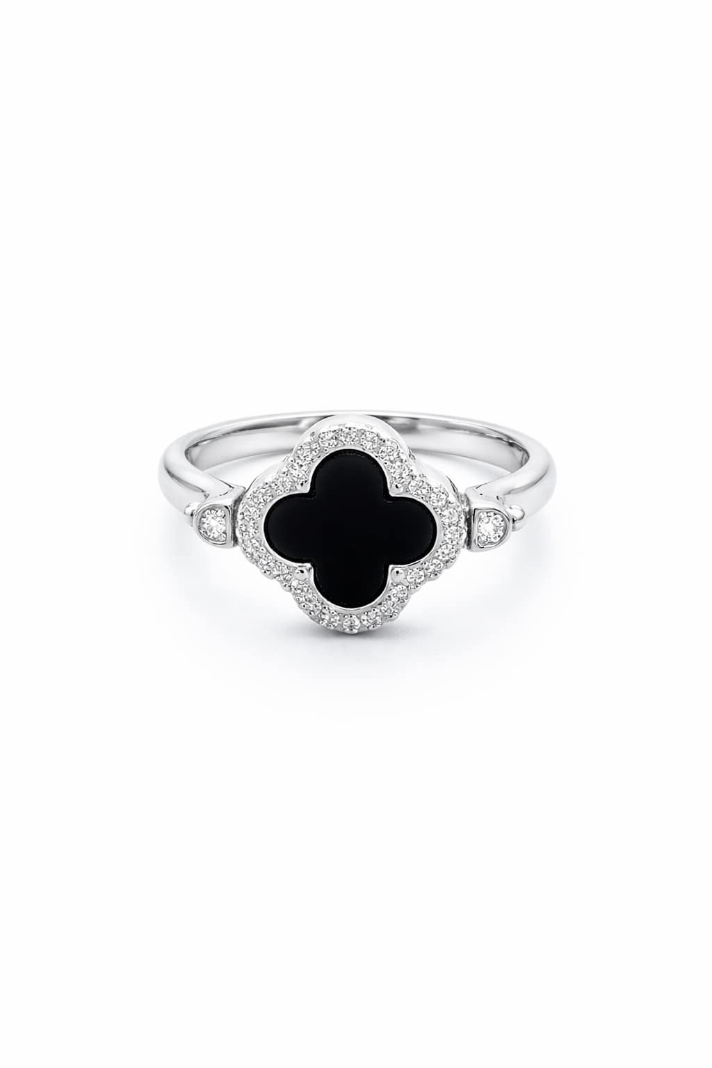 925-silver-women-black-onyx-clover-halo-ring 925 Sterling Silver Women's Clover Ring with Black Onyx Centerpiece and Zircon Studded Halo