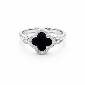 925 Sterling Silver Women's Clover Ring with Black Onyx Centerpiece and Zircon Studded Halo