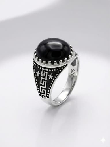925-silver-flat-black-onyx-ladder-ring 925 Italian Silver Men's Ring with Flat Oval Black Onyx and Modern Ladder Cutout Side Design