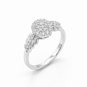 925 Sterling Silver Women's Cluster Zircon Ring with Round Centerpiece and Leaf Motif Shank