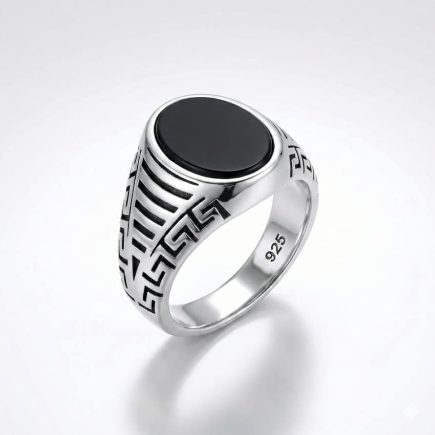 925-silver-flat-black-onyx-ladder-ring 925 Italian Silver Men's Ring with Flat Oval Black Onyx and Modern Ladder Cutout Side Design
