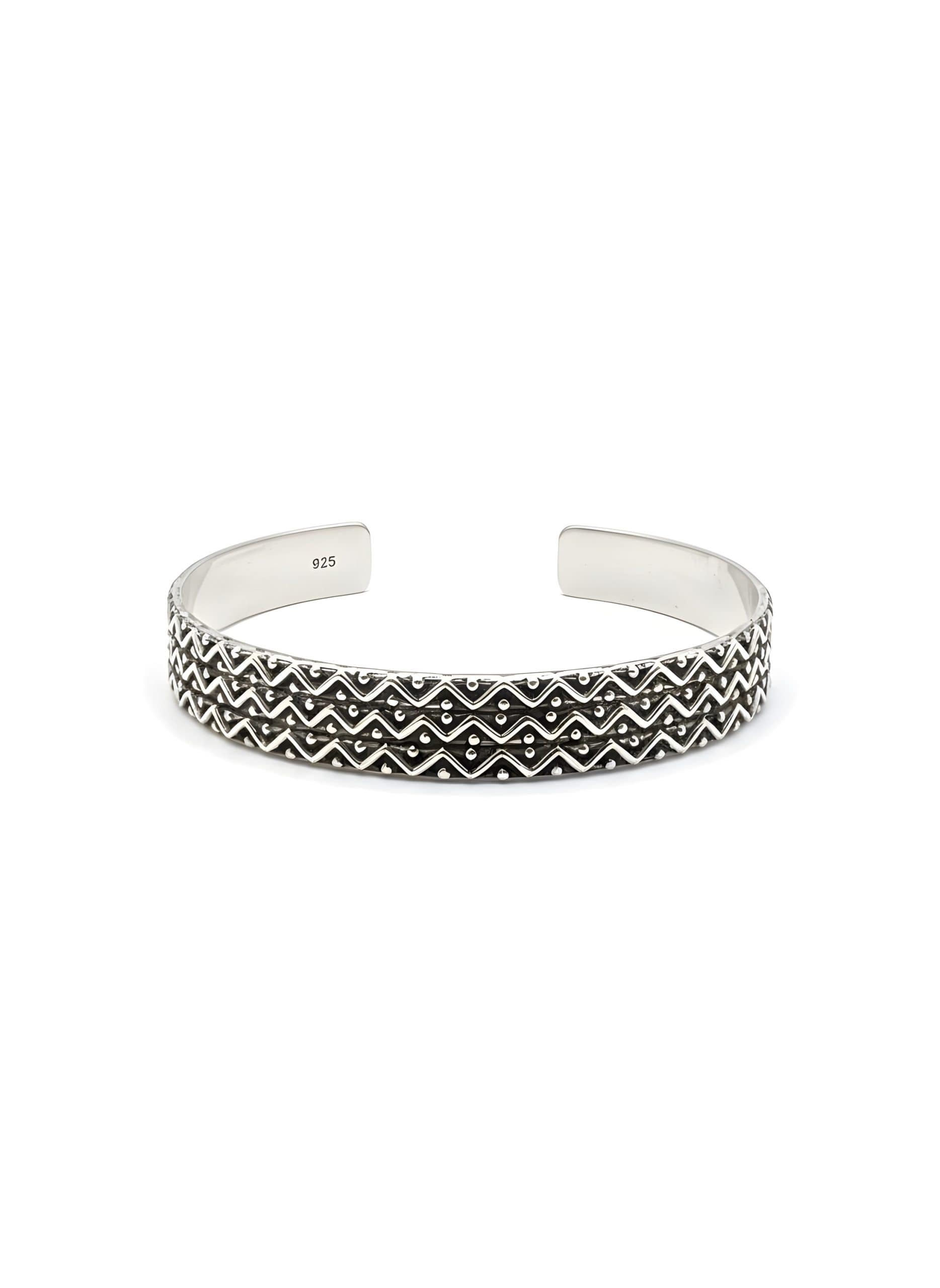 925-silver-mens-oxidized-zigzag-pattern-cuff-bracelet 925 Sterling Silver Men's Cuff Bracelet featuring an Oxidized Triple-layer Zigzag and Dot Pattern Engraving