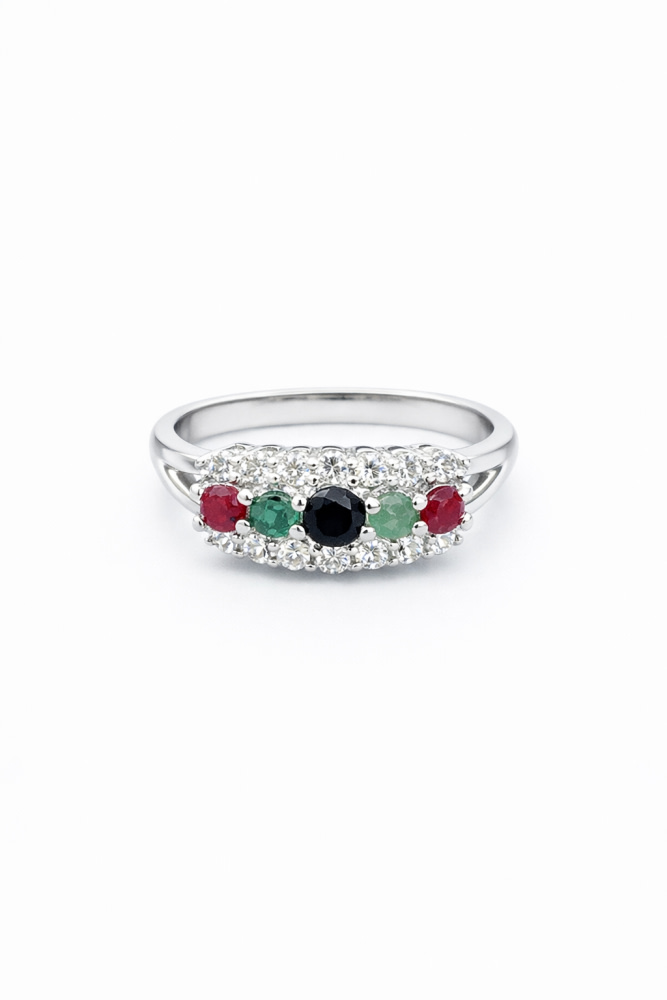 925-silver-multi-stone-black-zircon-ruby-emerald-ring 925 Sterling Silver Women's Multi-stone Ring with Central Black Zircon and Side Ruby and Emerald Accents