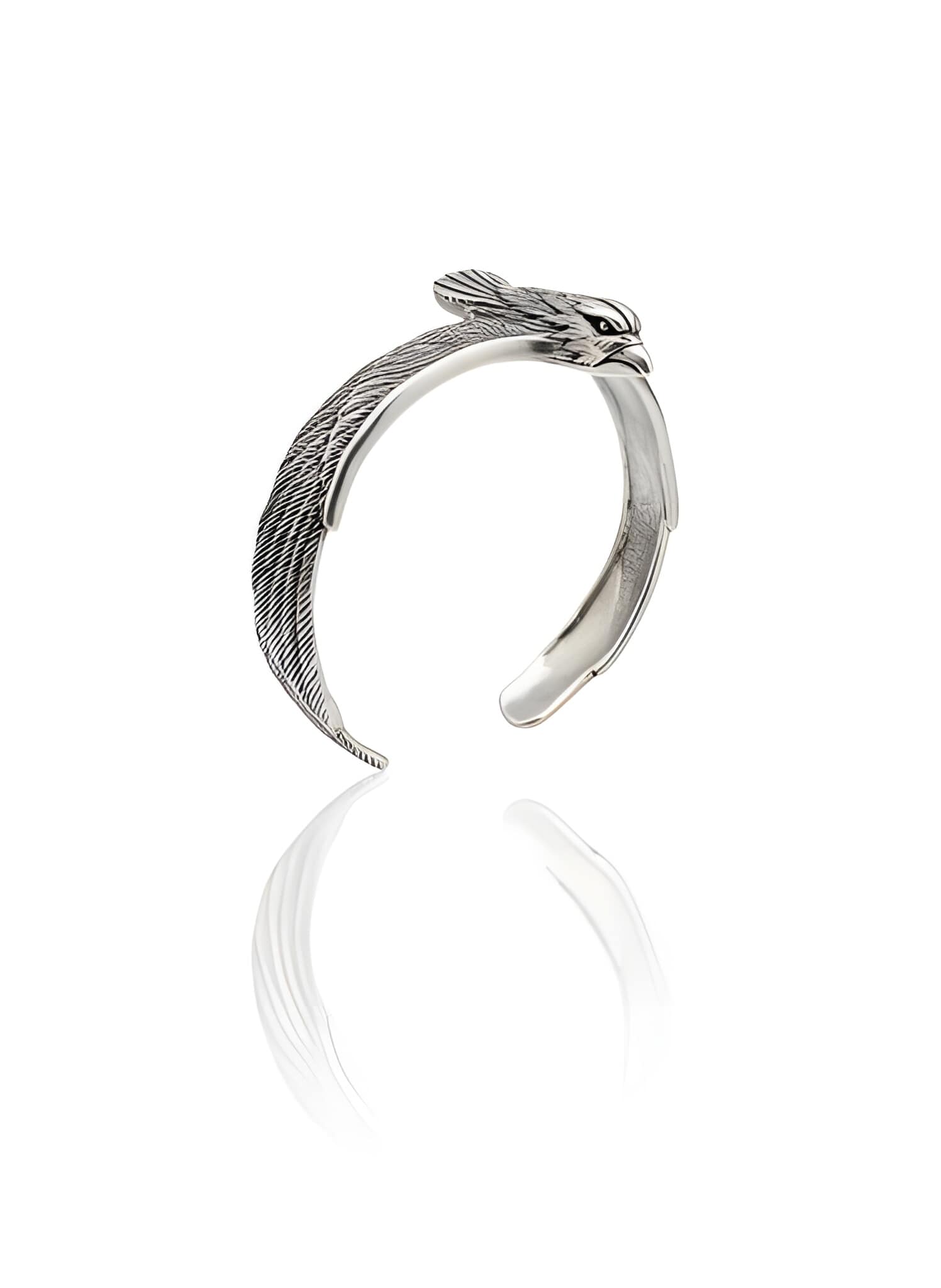 925-silver-mens-eagle-head-feathered-cuff-bracelet 925 Sterling Silver Men's Cuff Bracelet featuring a Detailed Eagle Head Terminus and Feathered Pattern with an Oxidized Finish