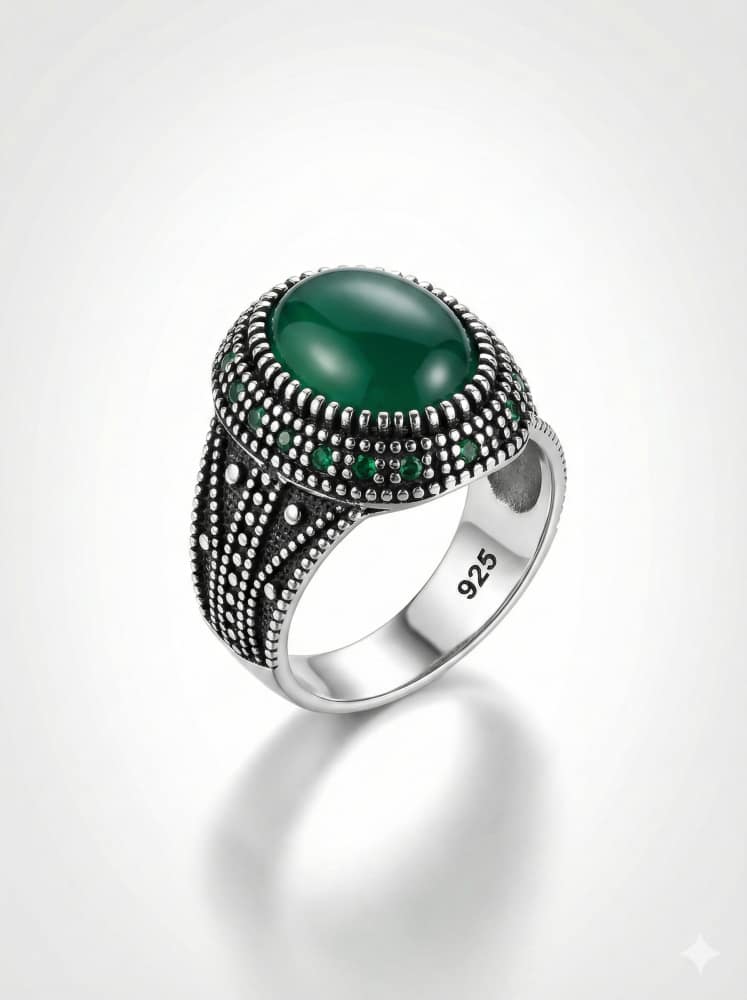 925-silver-green-agate-hexagonal-grooved-ring 925 Italian Silver Men's Ring with Round Green Agate Stone in Hexagonal Setting with Grooved Band