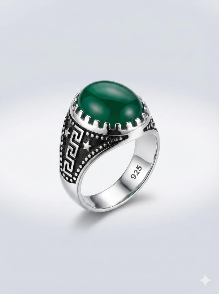 925-Italian-Silver-Men's-Ring-with-Oval-Green-Agate-Stone-and-Greek-Key-with-Stars-Side-Design 925 Italian Silver Men's Ring with Oval Green Agate Stone and Greek Key with Stars Side Design