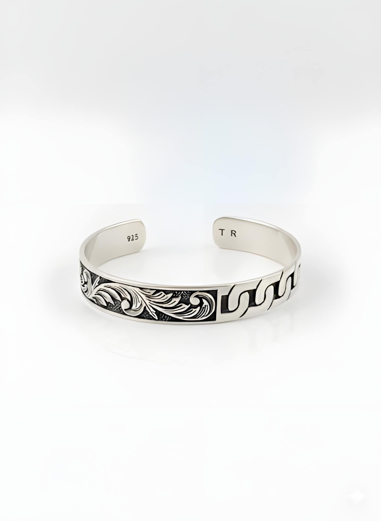 925-silver-mens-split-filigree-chain-link-cuff-bracelet 925 Sterling Silver Men's Cuff Bracelet featuring a Split Design with Oxidized Floral Filigree and High-Polish Interlocking Chain Link Patterns