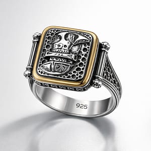 925 Italian Silver Men's Ring with Ancient Warrior Motif and Gold Tone Border Accent