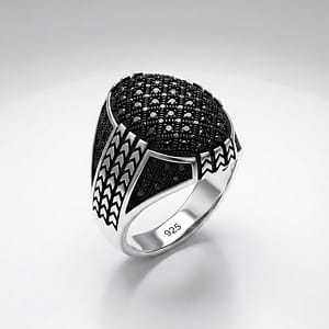 925 Italian Silver Men's Bold Ring with Full Pave Black Zircon Stones and Chevron Side Pattern