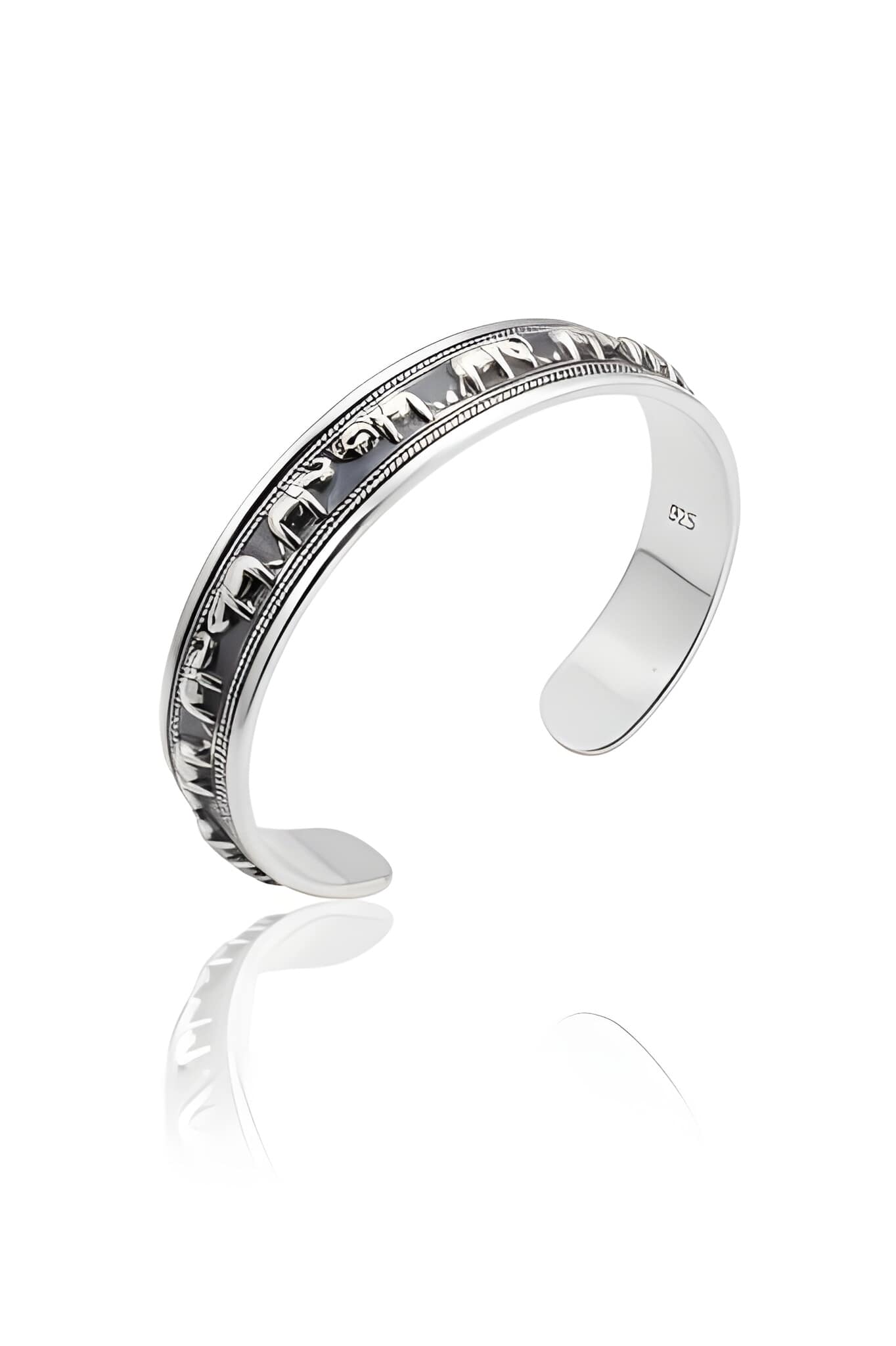 925-silver-mens-oxidized-elephant-parade-cuff-bracelet 925 Sterling Silver Men's Cuff Bracelet featuring a Detailed Oxidized Relief Pattern of a Continuous Parade of Elephants with Decorative Borders