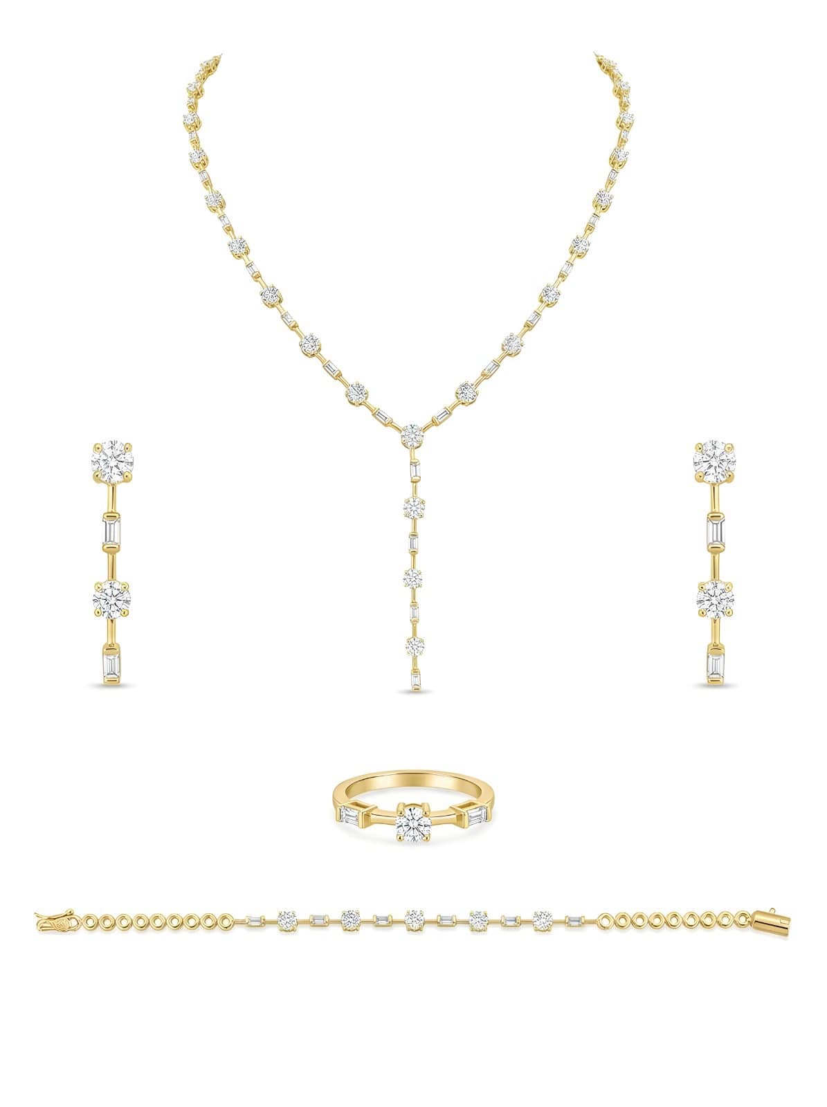 gold-plated-y-necklace-baguette-crystal-jewelry-set-earrings-bracelet-ring A Sophisticated Gold Plated Women's Jewelry Set featuring a Y-shaped Necklace, a Thin Bracelet, Dangle Earrings, and a Ring, all set with Round and Baguette-cut Cubic Zirconia