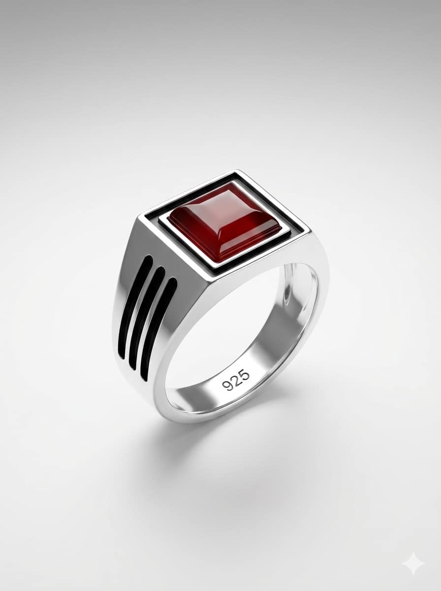 925-silver-modern-square-red-agate-ring 925 Italian Silver Men's Modern Square Ring with Red Agate and Grooved Side Design