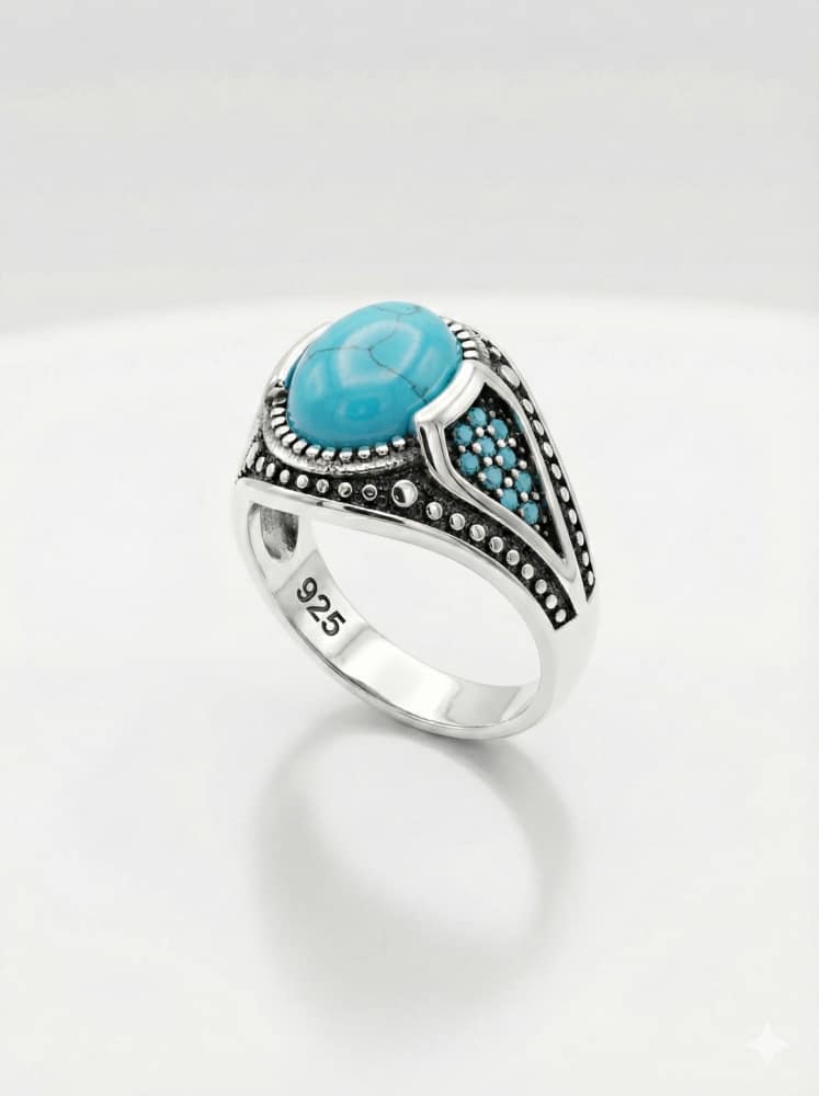 925-silver-turquoise-firoza-dotted-design-ring 925 Italian Silver Men's Ring with Oval Turquoise Firoza Stone and Blue Zircon Side Accents