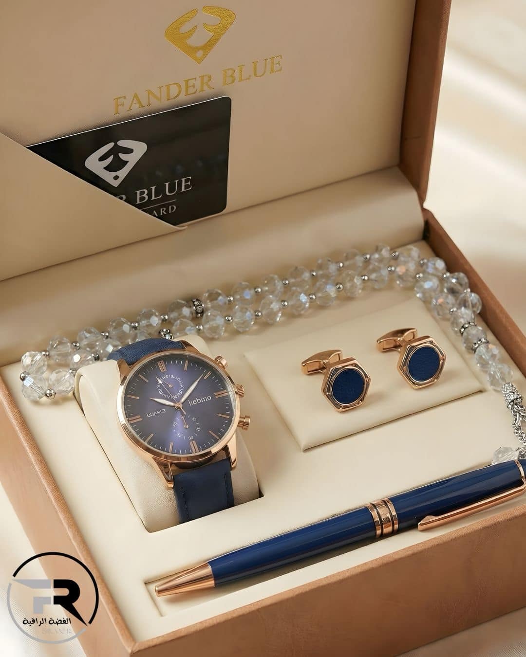 mens-luxury-gift-set-rose-gold-watch-pen-cufflinks-misbaha A premium men's gift set featuring a rose gold chronograph watch with a black leather strap, matching cufflinks, a sleek black and rose gold executive pen, and a black beaded prayer rosary (Misbaha), all presented in a luxury wooden box