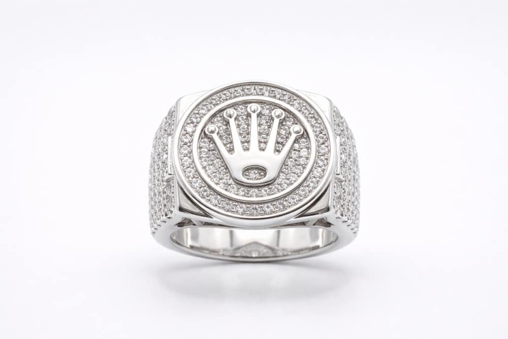 925-silver-mens-pave-zircon-crown-logo-ring 925 Sterling Silver Men's Signet Ring with Crown Logo Centerpiece and Full Pave Zircon Setting