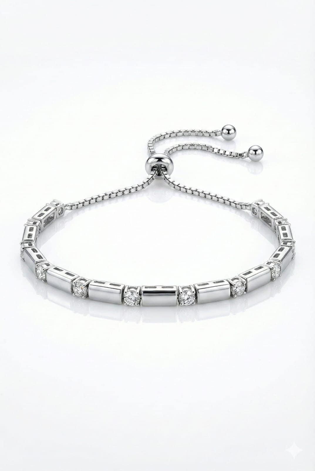 925-silver-luxury-geometric-bolo-tennis-bracelet-zirconia-adjustable A Sophisticated 925 Sterling Silver Bolo Tennis Bracelet for Women with an Adjustable Box Chain and a Geometric Focal Piece Featuring Square-set White Zirconia Segments