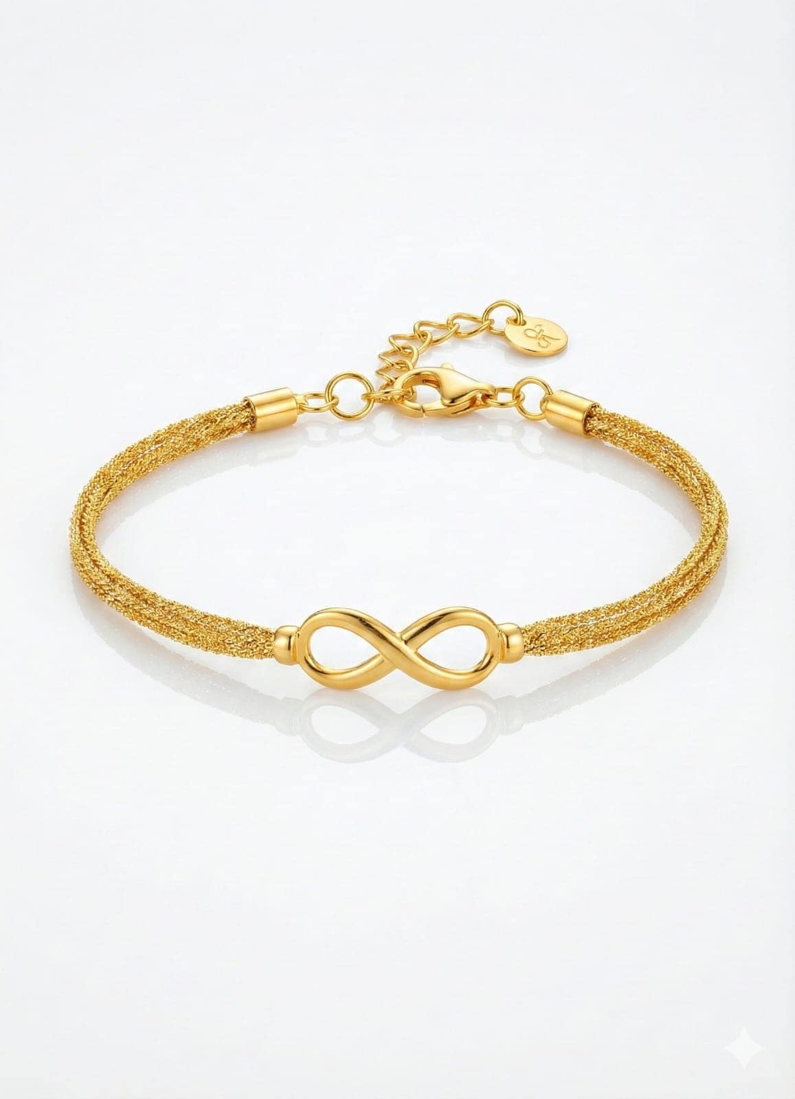 gold-plated-infinity-symbol-multi-strand-chain-bracelet An elegant gold-plated bracelet for women featuring a polished infinity symbol as a central focal point, connected to multi-strand textured gold chains with a lobster clasp and adjustable extender