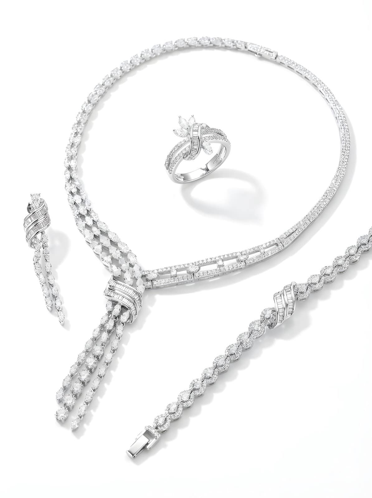 925-silver-luxury-crossover-tassel-zirconia-jewelry-set-necklace-bracelet-earrings-ring A Sophisticated 925 Sterling Silver Jewelry Set for Women featuring a Tassel-style Necklace with Triple Rows of Zirconia, a Matching Wave Bracelet, Ribbon-design Ring, and Long Dangle Earrings