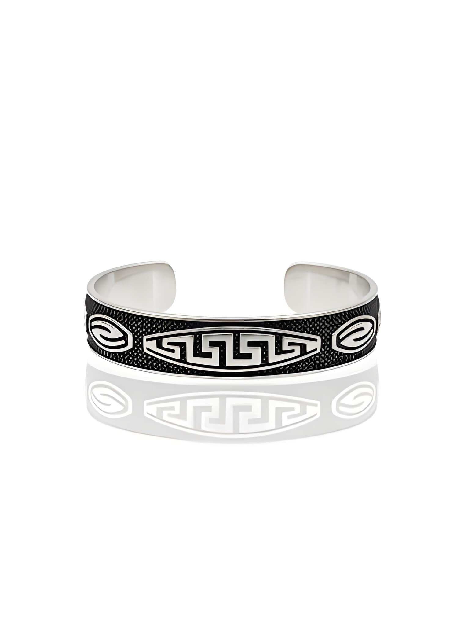 925-silver-mens-greek-key-meander-spiral-cuff-bracelet 925 Sterling Silver Men's Cuff Bracelet featuring an Oxidized Greek Key Meander Pattern and Swirl Spiral Motifs on a Textured Black Background