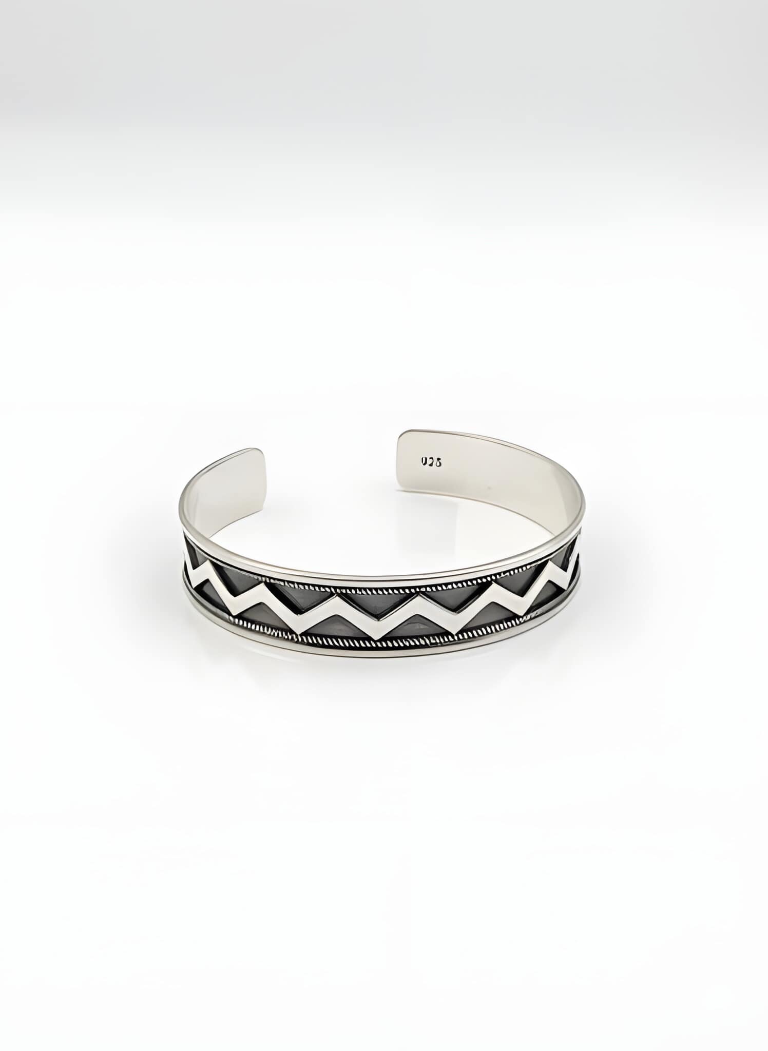 925-silver-mens-bold-zigzag-oxidized-cuff-bracelet 925 Sterling Silver Men's Cuff Bracelet featuring a Single Bold Oxidized Zigzag Pattern with Rope-style Border Detailing