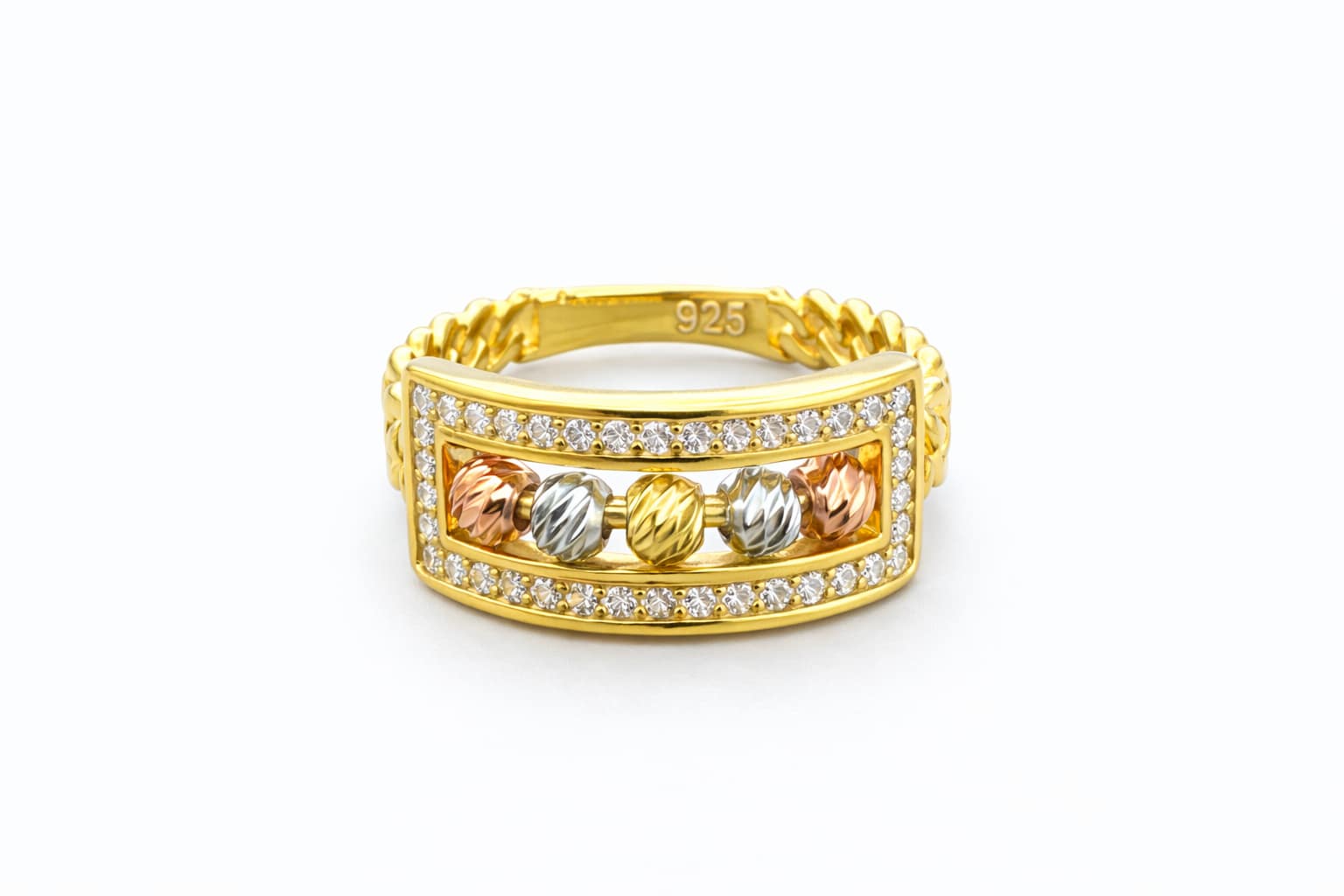 18k-gold-plated-tri-color-movable-bead-ring 18K Gold Plated 925 Sterling Silver Women's Ring with Movable Tri-color Diamond-cut Beads and Zircon Border