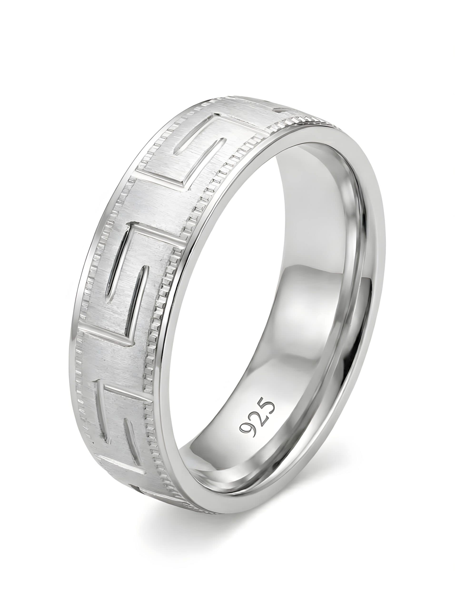 925-silver-mens-matte-brushed-greek-key-band-ring 925 Sterling Silver Men's Band Ring with a Brushed Matte Finish featuring a Large Recessed Greek Key Meander Pattern and Beaded Edges