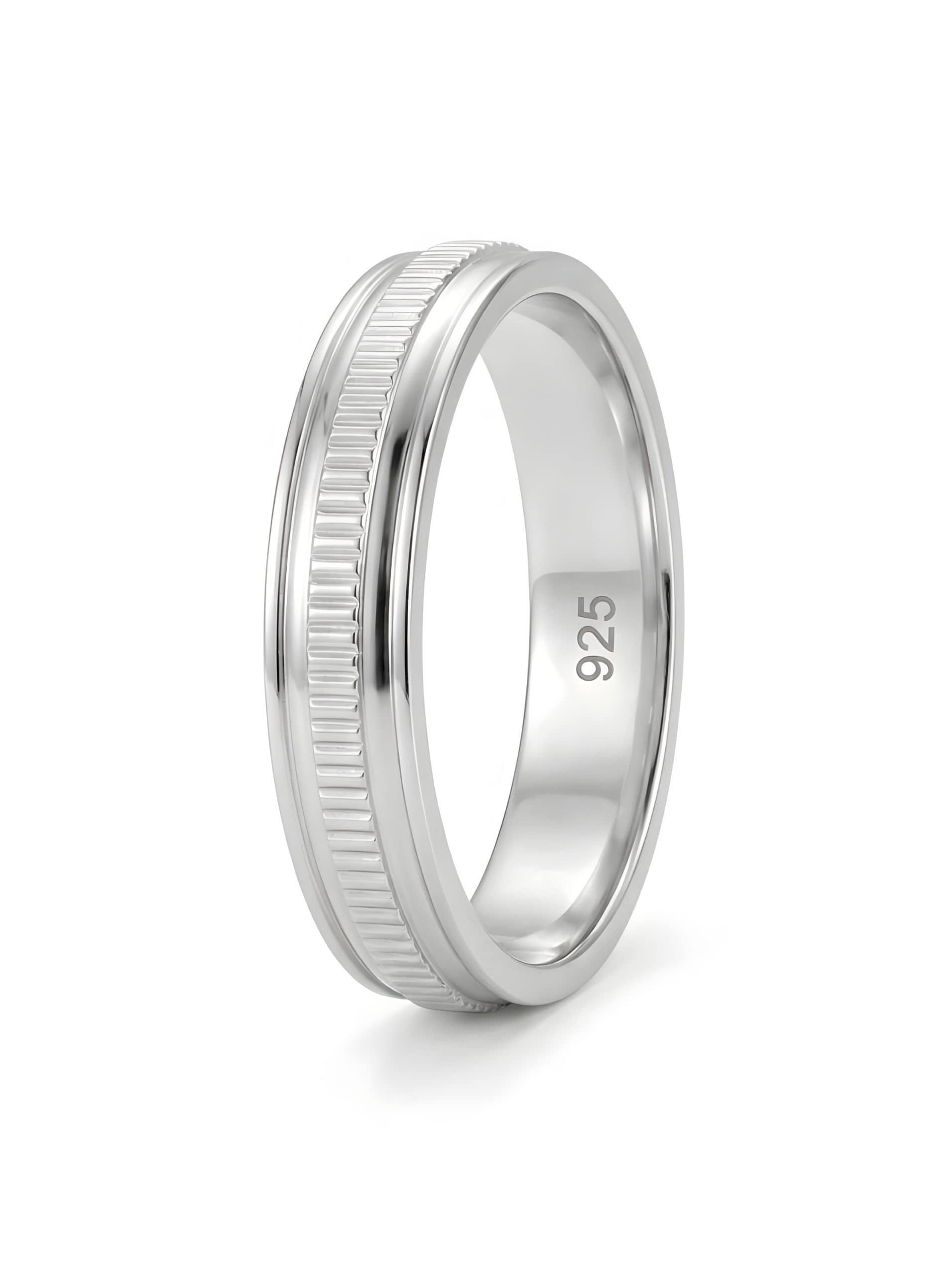 925-silver-mens-reeded-coin-edge-band-ring 925 Sterling Silver Men's Band Ring featuring a Distinct Reeded (Coin Edge) Texture with Polished Raised Borders and an Inner Hallmark Stamp