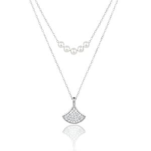 925 sterling silver double layer pearl necklace with fan pendant