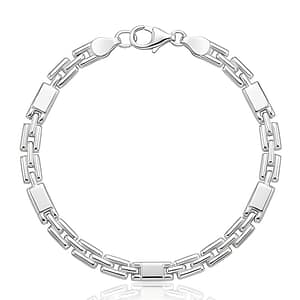 A high-polished 925 Sterling Silver link bracelet for men or women featuring rectangular geometric segments connected by sturdy rectangular links with a secure lobster clasp