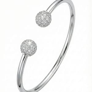 A modern 925 Sterling Silver open bangle for women featuring two elegant spheres encrusted with sparkling white cubic zirconia at each end, with a high-polished minimalist band