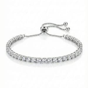 A sparkling 925 Sterling Silver tennis bracelet for women featuring a continuous row of round-cut white zirconia in a four-prong setting with an adjustable bolo slider clasp