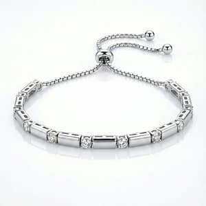 A Sophisticated 925 Sterling Silver Bolo Tennis Bracelet for Women with an Adjustable Box Chain and a Geometric Focal Piece Featuring Square-set White Zirconia Segments