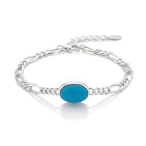 Home 2 A high-polished 925 Sterling Silver Figaro link bracelet for women featuring a vibrant oval turquoise stone centerpiece in a smooth bezel setting, with a secure lobster clasp and adjustable extender chain