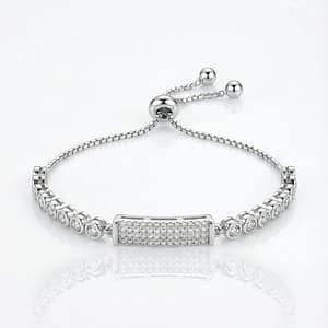 A Sophisticated 925 Sterling Silver Bolo Bracelet for Women with an Adjustable Box Chain and a Geometric Focal Piece Featuring Rectangular Pave-set White Zirconia Segments and Round-set White Zirconia Segments