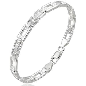 A contemporary 925 Sterling Silver link bracelet for men or women featuring polished hollow rectangular segments connected by ridged metal links with a secure lobster clasp