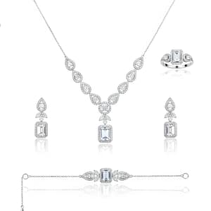 A Sophisticated 925 Sterling Silver Jewelry Set for Women featuring an Emerald-cut Zirconia Pendant Necklace with Teardrop Accents, Matching Drop Earrings, a Delicate Bracelet, and a Statement Ring