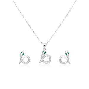 Elegant 925 Sterling Silver Jewelry Set featuring a Coiled Snake Pendant Necklace and Matching Stud Earrings, encrusted with White Zirconia and Vibrant Green Emerald-style Eyes