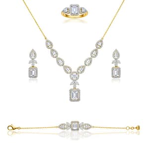 A Sophisticated 925 Sterling Silver Jewelry Set for Women featuring an Emerald-cut Zirconia Centerpiece surrounded by a Halo of Brilliant Crystals, including a Pendant Necklace, Earrings, Bracelet, and Ring