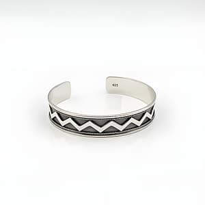 925 Sterling Silver Men's Cuff Bracelet featuring a Single Bold Oxidized Zigzag Pattern with Rope-style Border Detailing