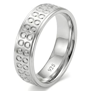 925 Sterling Silver Men's Band Ring featuring a Modern Design with Two Parallel Rows of Recessed Circular Patterns and Polished Edges