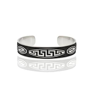 925 Sterling Silver Men's Cuff Bracelet featuring an Oxidized Greek Key Meander Pattern and Swirl Spiral Motifs on a Textured Black Background