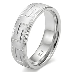 925 Sterling Silver Men's Band Ring with a Brushed Matte Finish featuring a Large Recessed Greek Key Meander Pattern and Beaded Edges