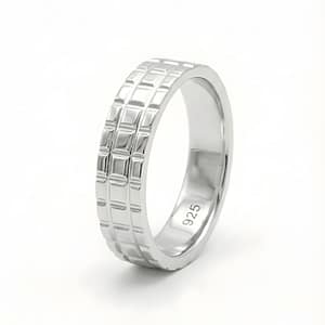 925 Sterling Silver Men's Band Ring featuring a Modern Three-Row Raised Square Grid or Waffle Pattern with a High-Polish Finish