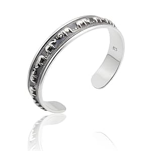 925 Sterling Silver Men's Cuff Bracelet featuring a Detailed Oxidized Relief Pattern of a Continuous Parade of Elephants with Decorative Borders